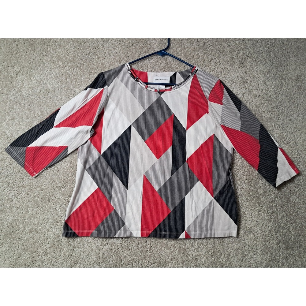 Alfred Dunner Top Women M Red Geometric Abstract 3/4 Sleeve Rhinestone Accent